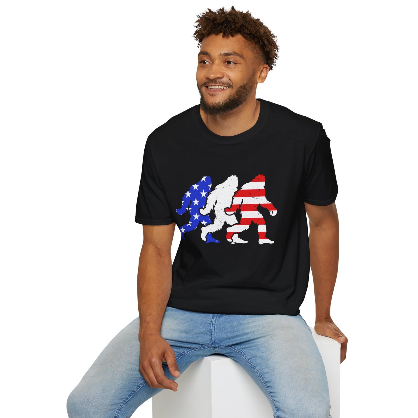 Patriotic Sasquatch Trio T-Shirt — American Flag Bigfoot Graphic Tee