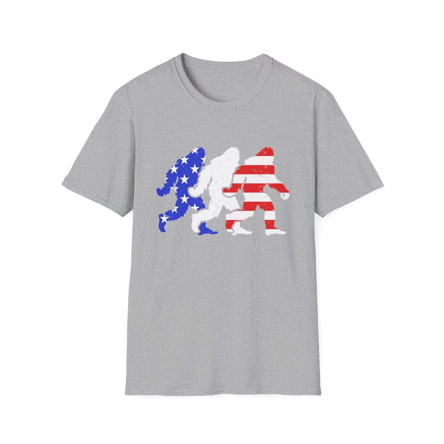 Patriotic Sasquatch Trio T-Shirt — American Flag Bigfoot Graphic Tee