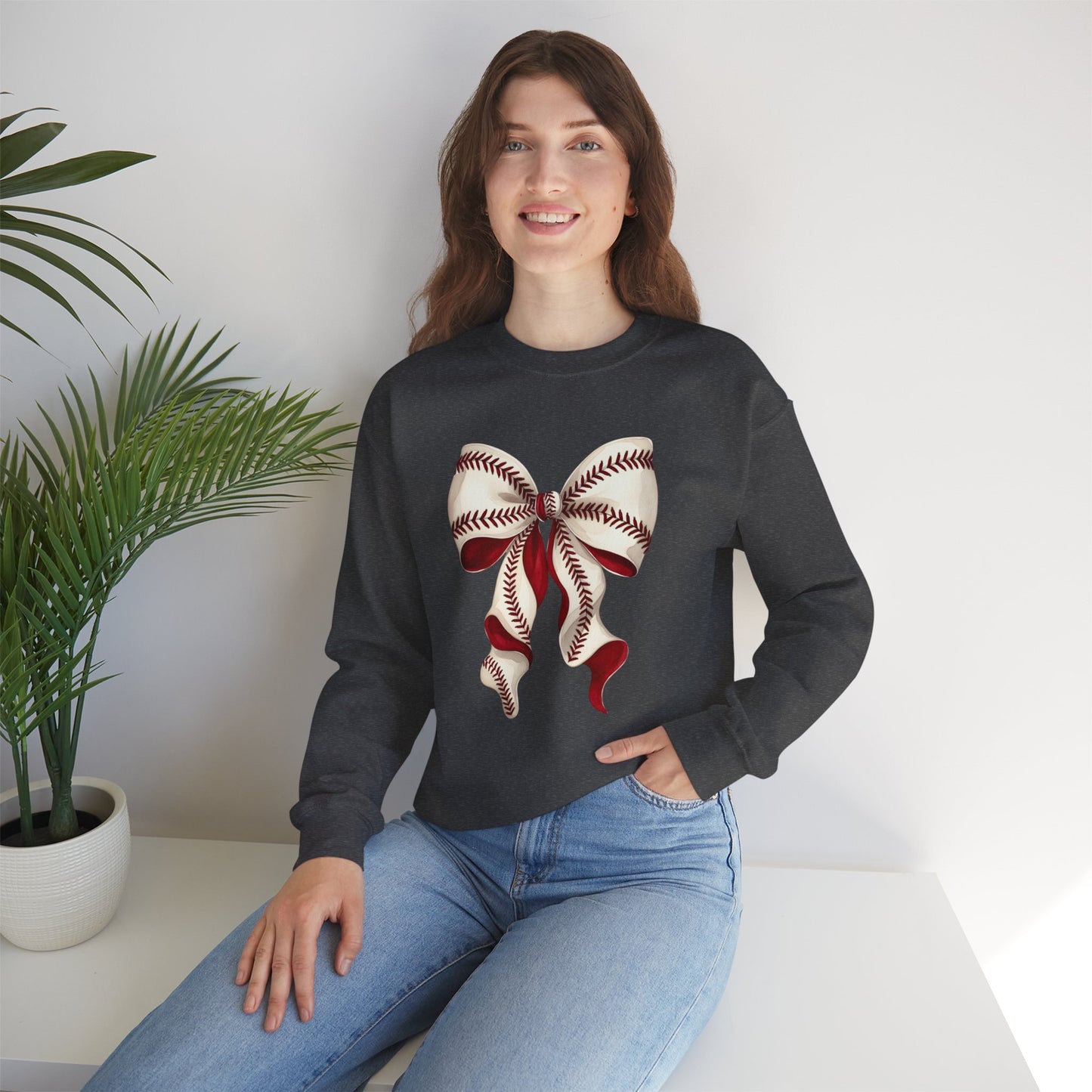 Baseball Stitch Bow Sweatshirt — Cute Sports Ribbon Crewneck