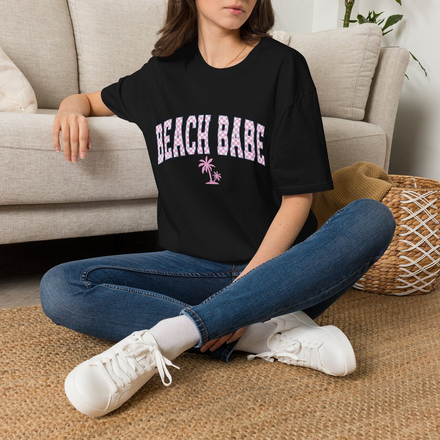 Beach Babe T-Shirt — Pink Check Retro Palm Tee for Summer & Vacation