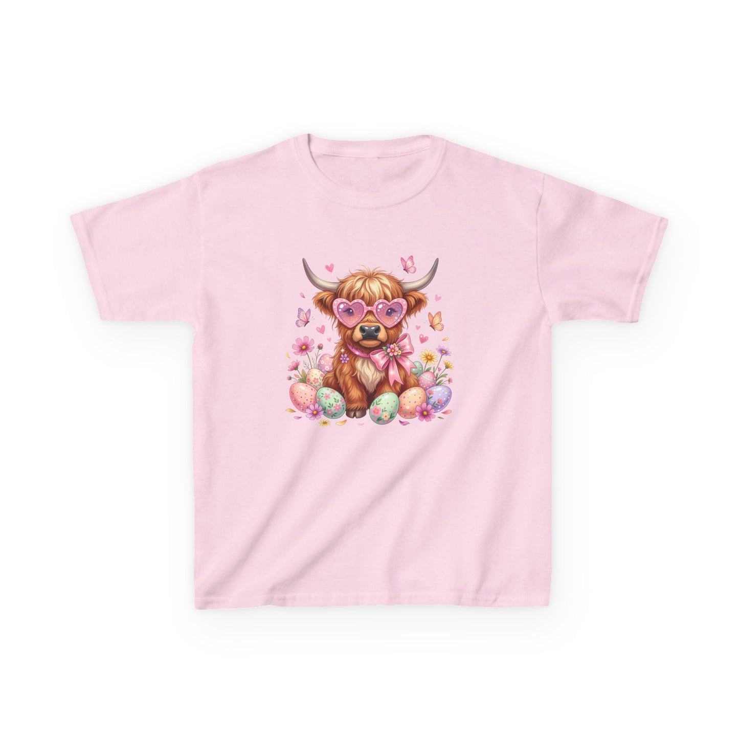 Kids Tee — Cute Highland Cow with Heart Glasses & Easter Eggs