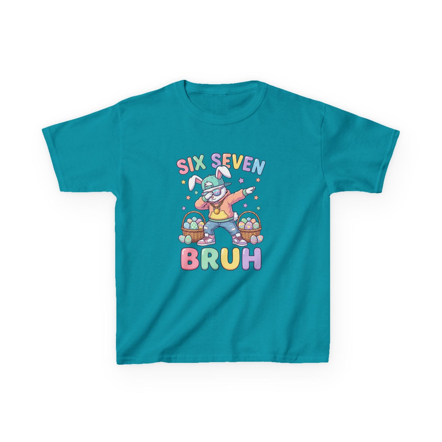 Kids "Six Seven Bruh" Graphic Tee — Cute Rainbow Skateboard Dino Shirt
