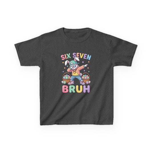 Kids "Six Seven Bruh" Graphic Tee — Cute Rainbow Skateboard Dino Shirt