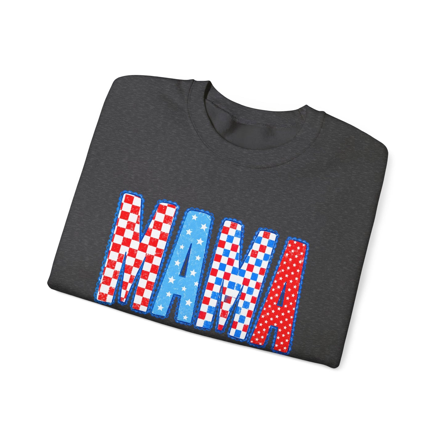 Mama Crewneck Sweatshirt — Red, White & Blue Patchwork Graphic