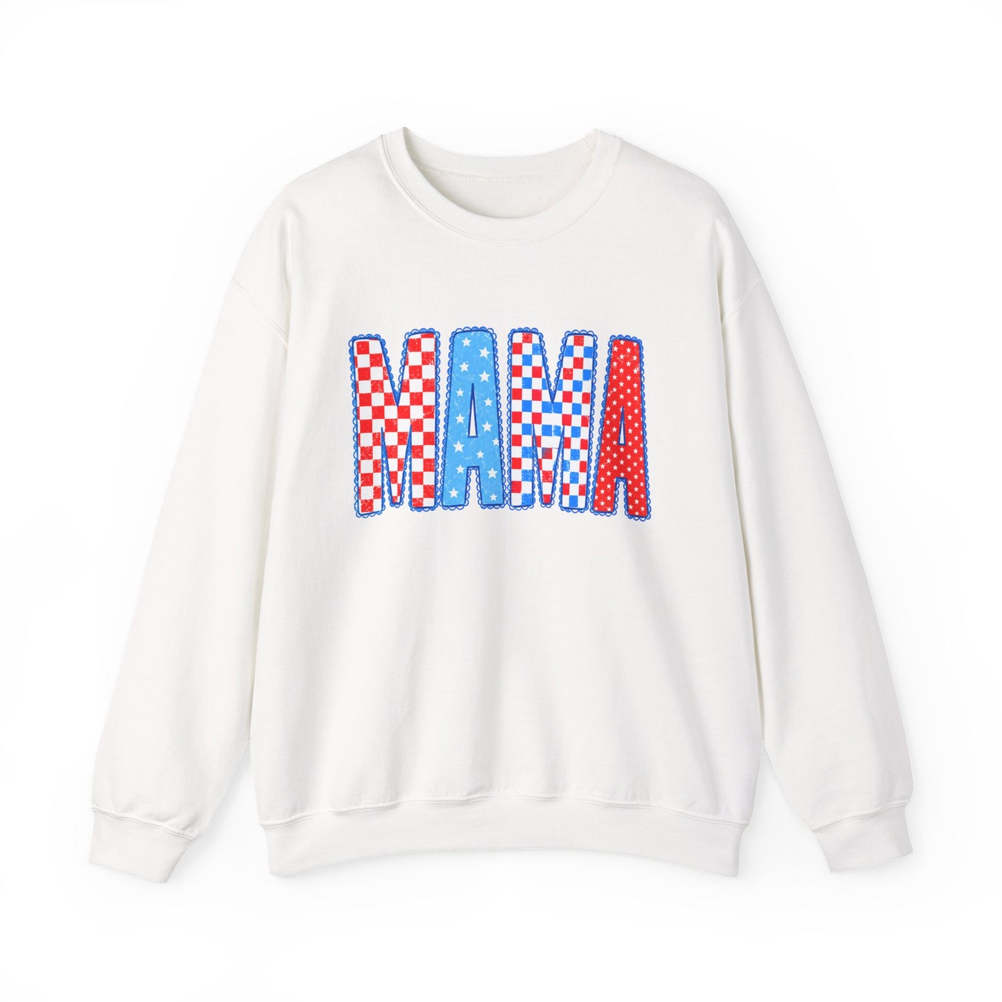 Mama Crewneck Sweatshirt — Red, White & Blue Patchwork Graphic