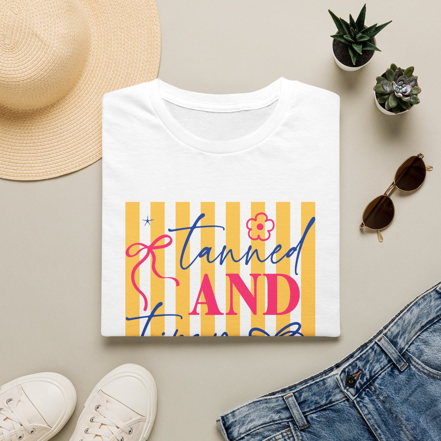 T-Shirt — "Tanned and Tipsy" Summer Stripe Graphic Tee