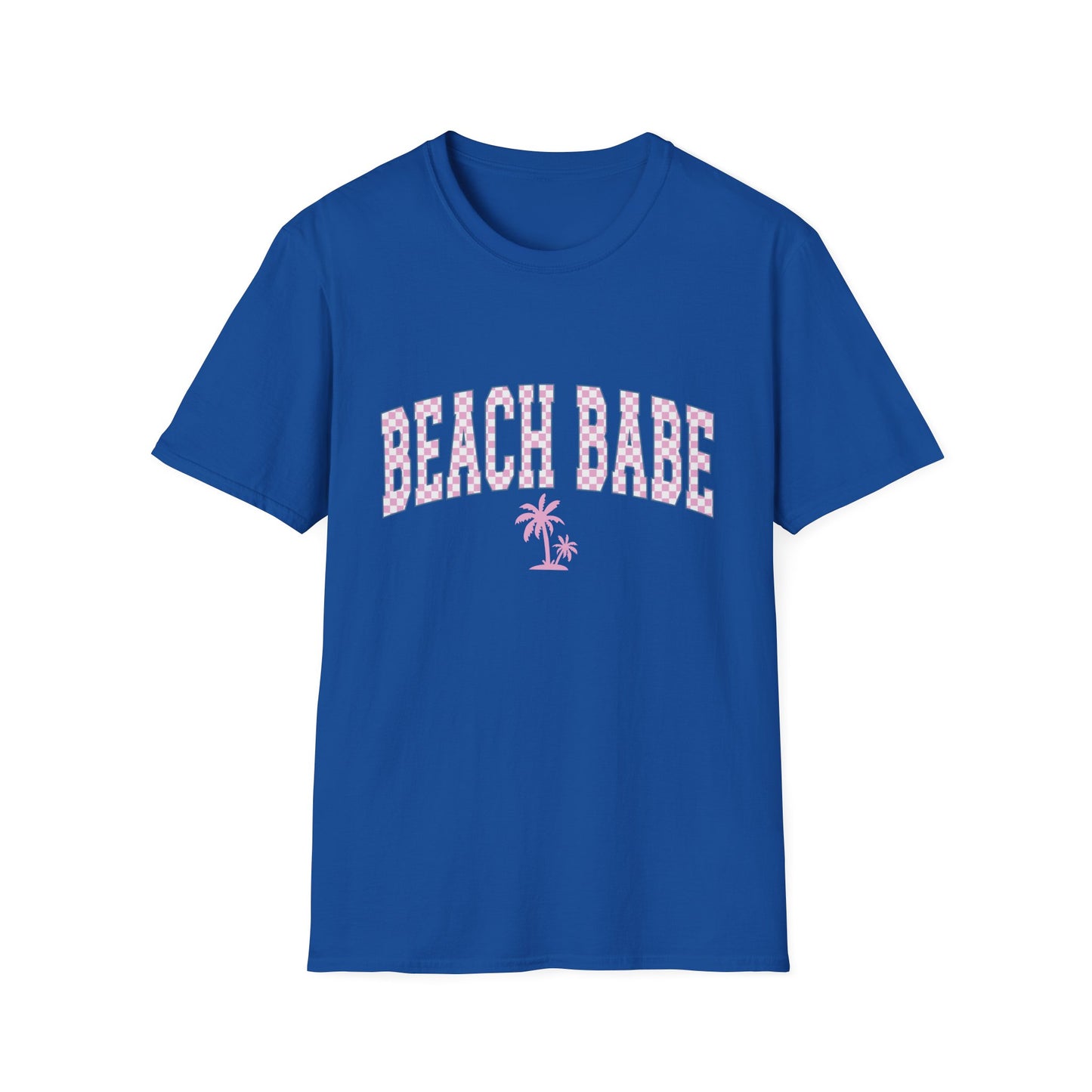Beach Babe T-Shirt — Pink Check Retro Palm Tee for Summer & Vacation