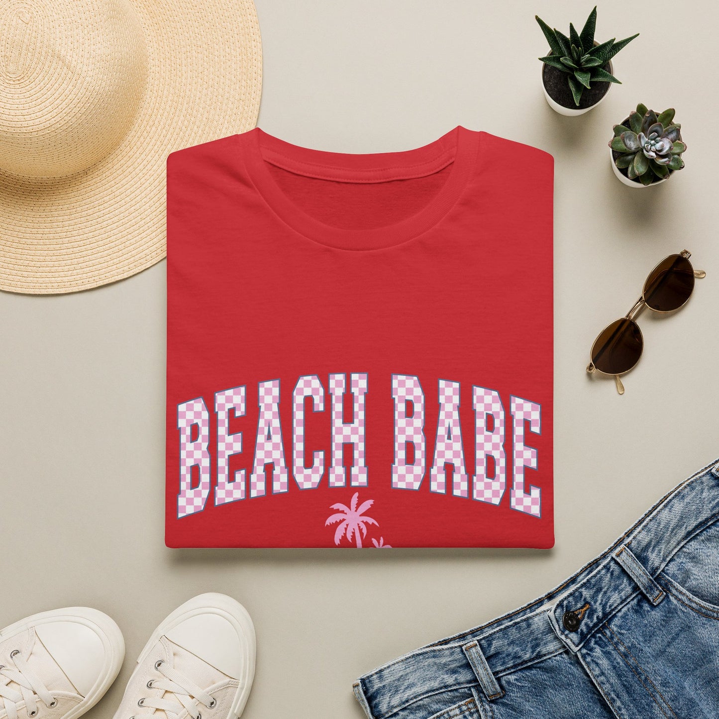 Beach Babe T-Shirt — Pink Check Retro Palm Tee for Summer & Vacation