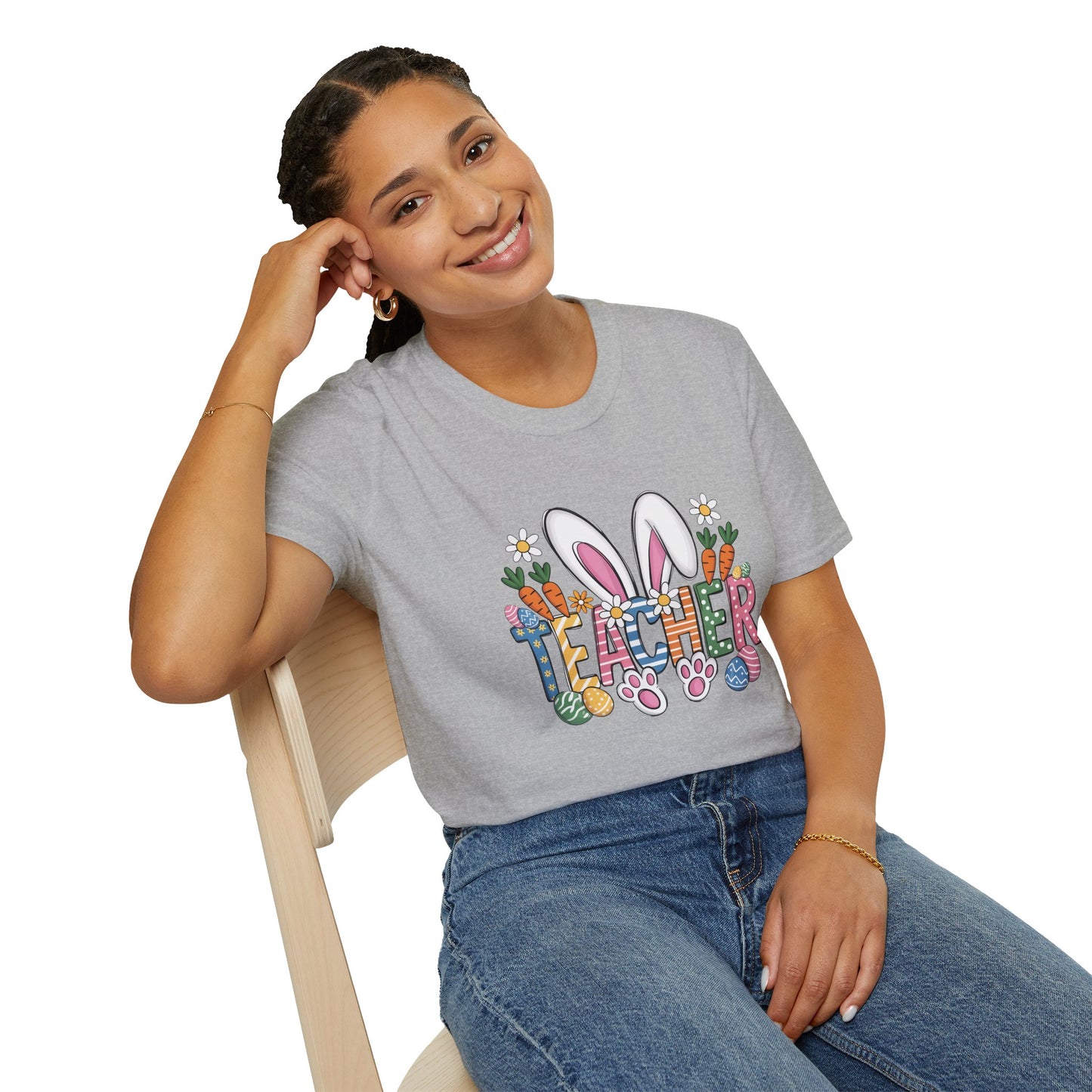 Easter Teacher T-Shirt — Cute Bunny Ears, Carrots & Painted Eggs Teacher Tee
