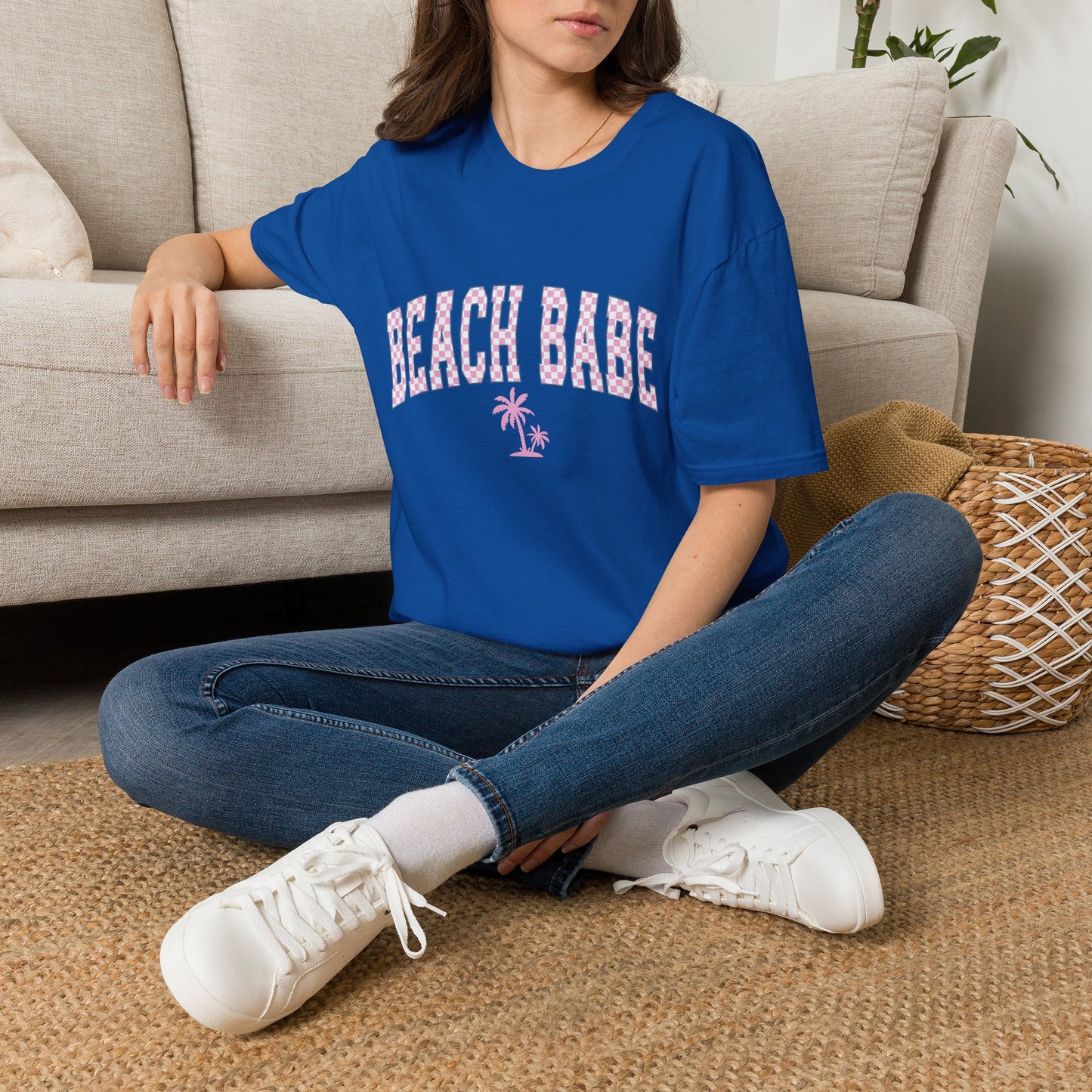 Beach Babe T-Shirt — Pink Check Retro Palm Tee for Summer & Vacation