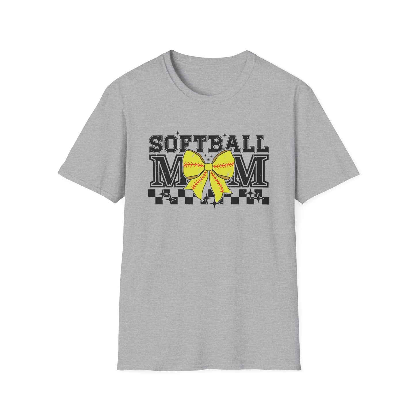 Softball Mom T-Shirt – Yellow Bow Checkerboard Design