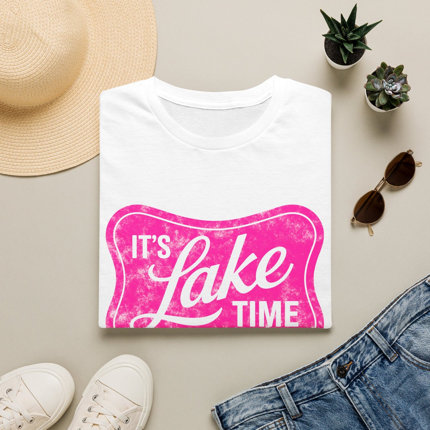 Lake Time T‑Shirt — "It's Lake Time" Retro Pink Graphic Tee