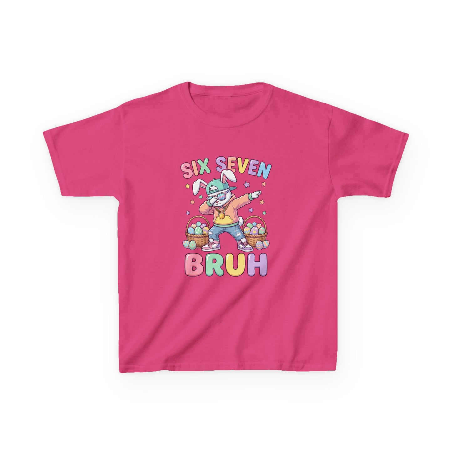 Kids "Six Seven Bruh" Graphic Tee — Cute Rainbow Skateboard Dino Shirt