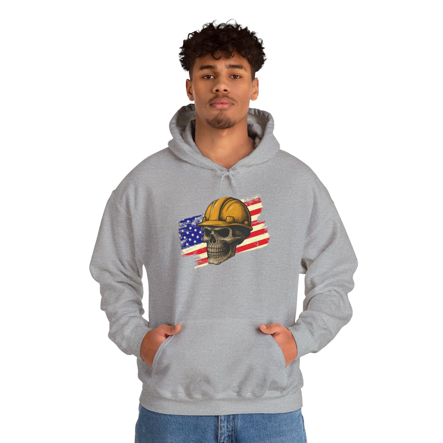 American Construction Skull Hoodie — Worker Hard Hat Flag Design