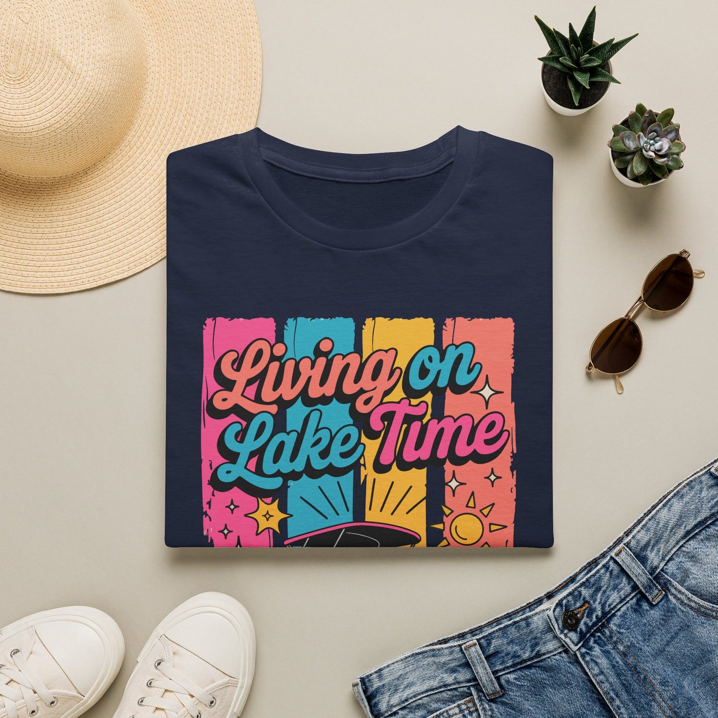 Lake Time T-Shirt — "Living on Lake Time" Retro Boat Graphic