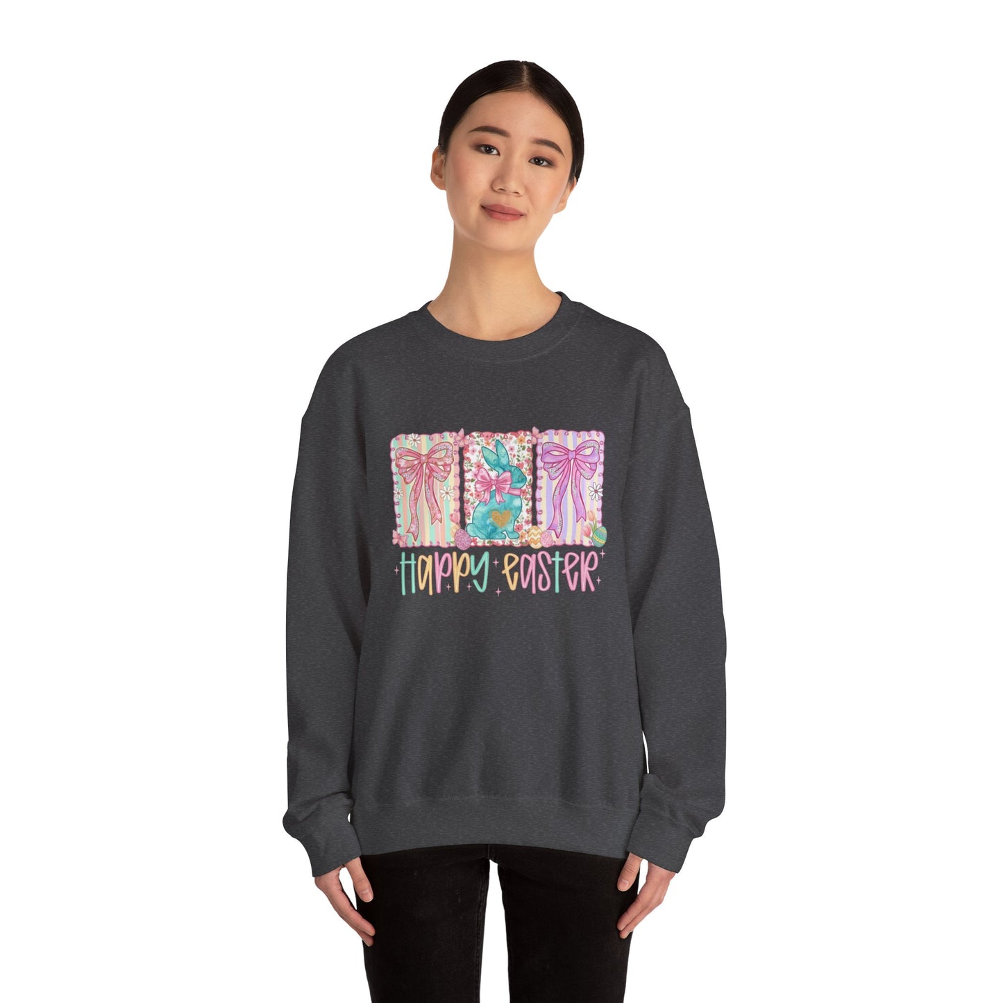 Easter Bunny Garden Sweatshirt — "Happy Easter" Pastel Holiday Crewneck