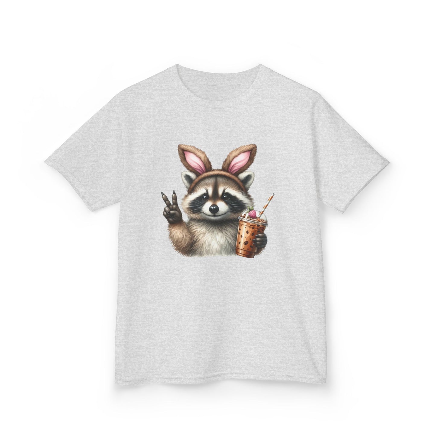 Kids Raccoon Bunny Ears Tee — Cute Peace Sign with Bubble Tea Graphic