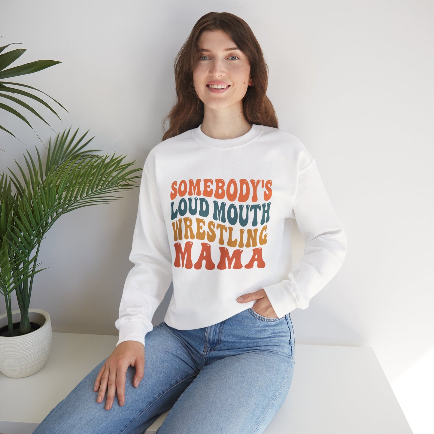 Wrestling Mama Crewneck Sweatshirt — "Somebody's Loud Mouth" Retro Graphic