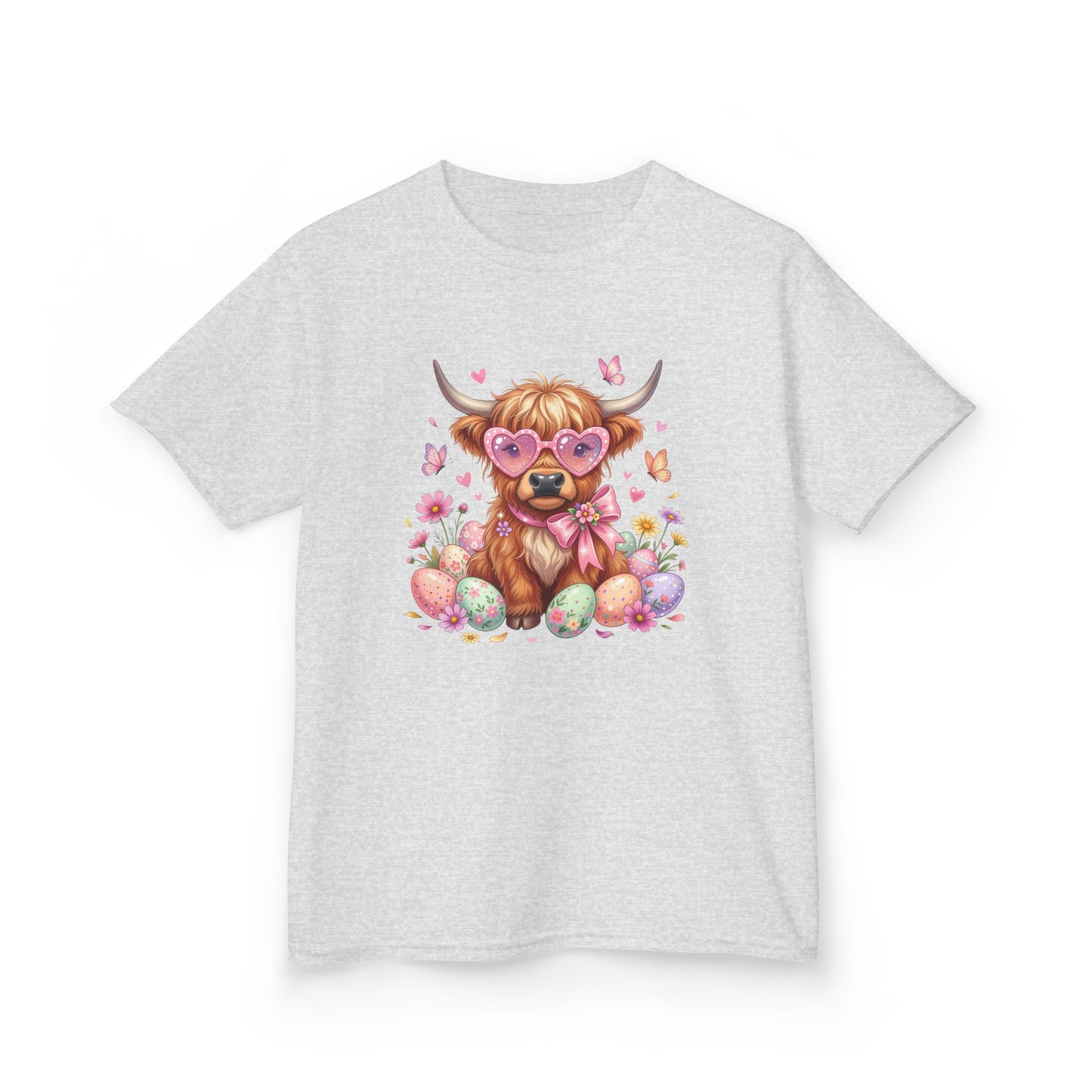 Kids Tee — Cute Highland Cow with Heart Glasses & Easter Eggs