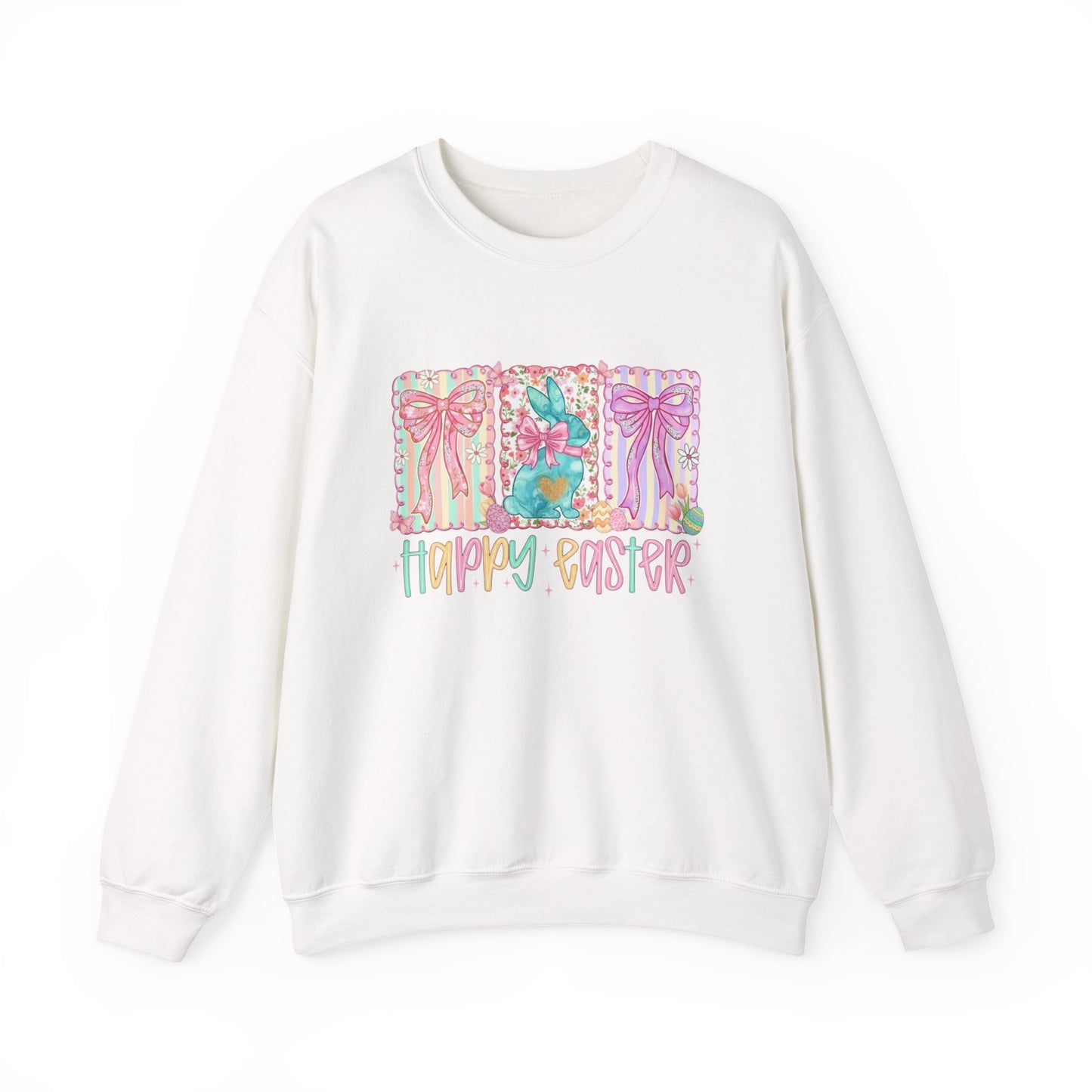 Easter Bunny Garden Sweatshirt — "Happy Easter" Pastel Holiday Crewneck