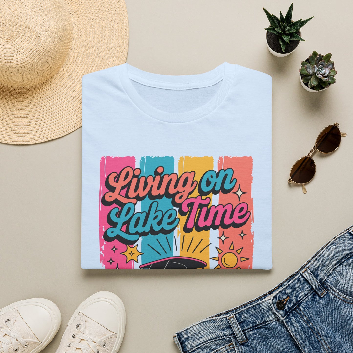 Lake Time T-Shirt — "Living on Lake Time" Retro Boat Graphic
