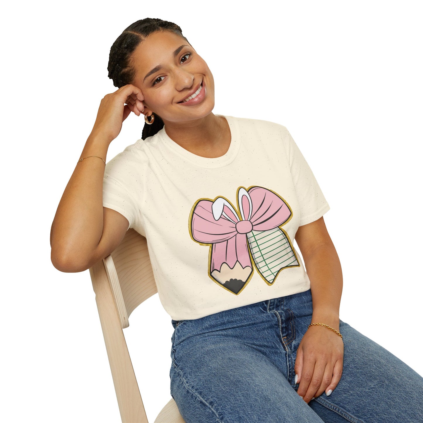 Girls' Back-to-School Bow Pencil T-Shirt — Cute Pink Ribbon & Notebook Graphic