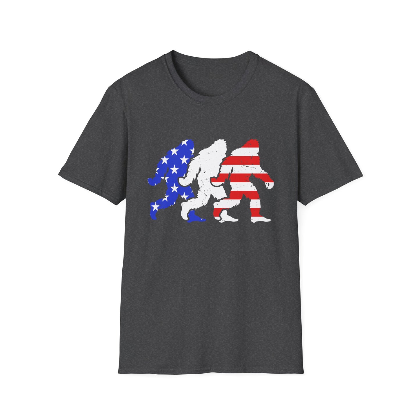 Patriotic Sasquatch Trio T-Shirt — American Flag Bigfoot Graphic Tee
