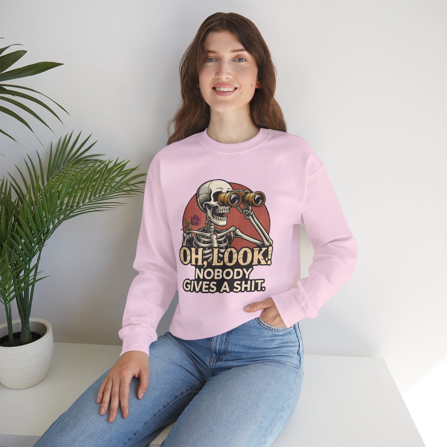 Crewneck Sweatshirt – 'Oh, Look! Nobody Gives a Shit.' Vintage Skeleton Graphic