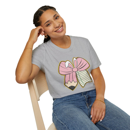 Girls' Back-to-School Bow Pencil T-Shirt — Cute Pink Ribbon & Notebook Graphic