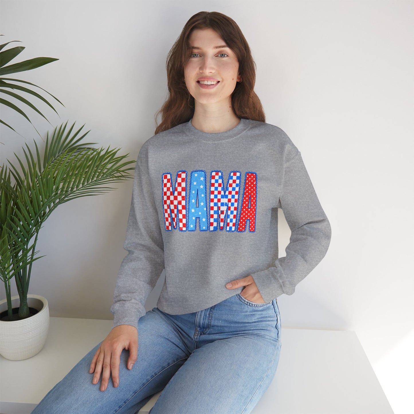 Mama Crewneck Sweatshirt — Red, White & Blue Patchwork Graphic