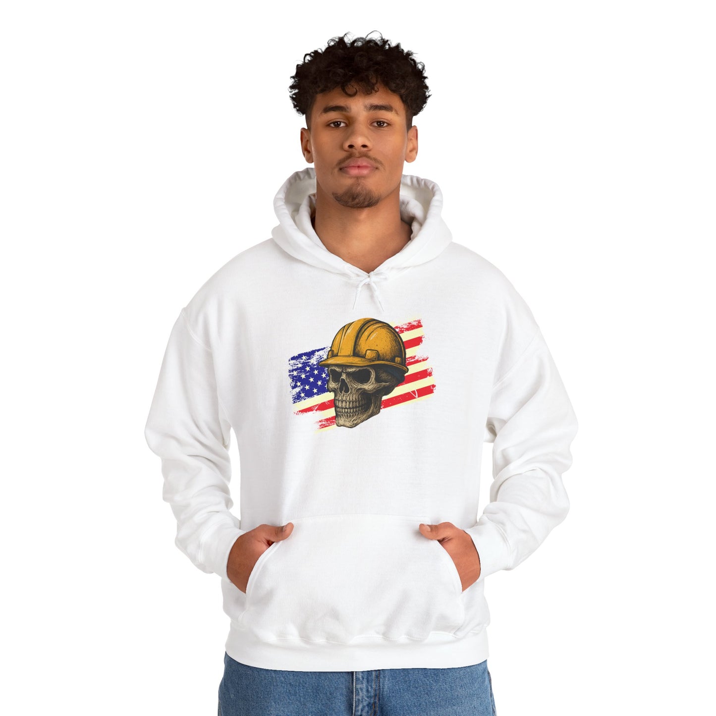 American Construction Skull Hoodie — Worker Hard Hat Flag Design