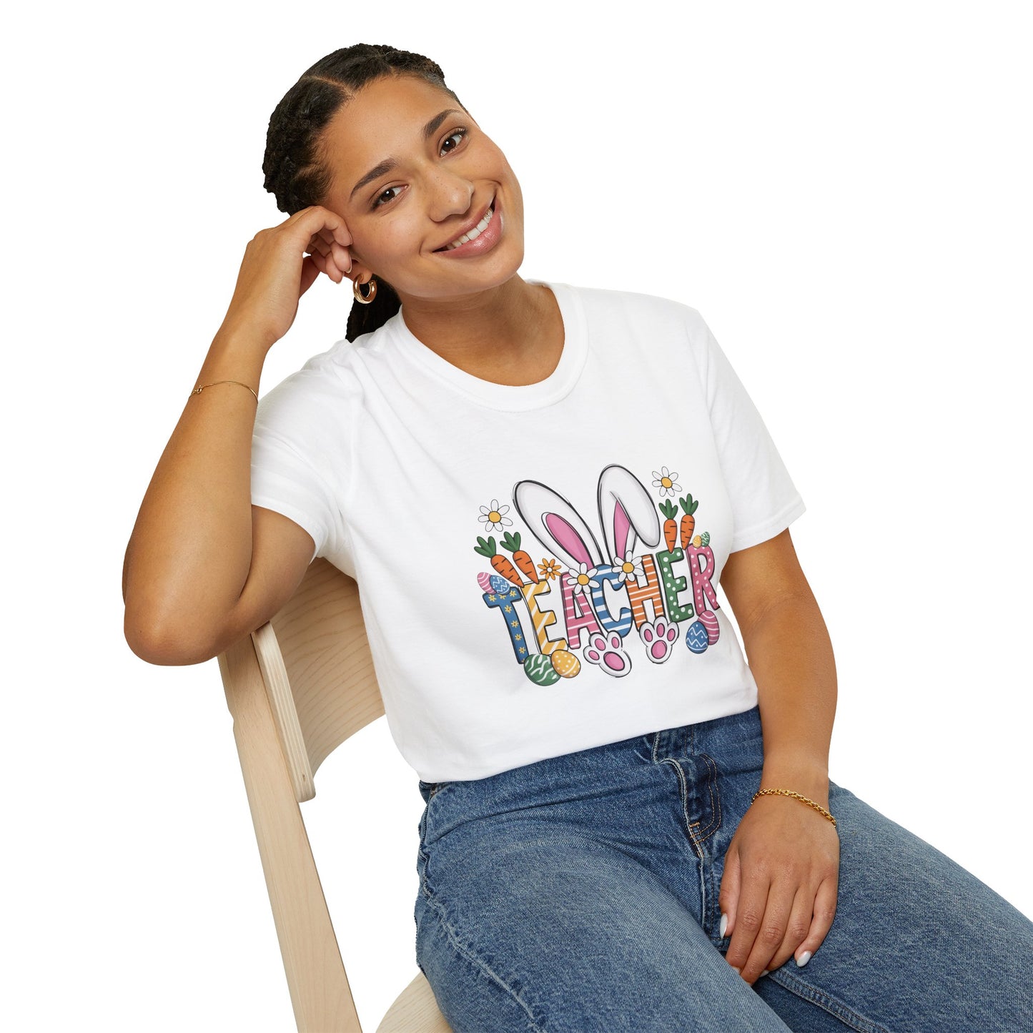 Easter Teacher T-Shirt — Cute Bunny Ears, Carrots & Painted Eggs Teacher Tee