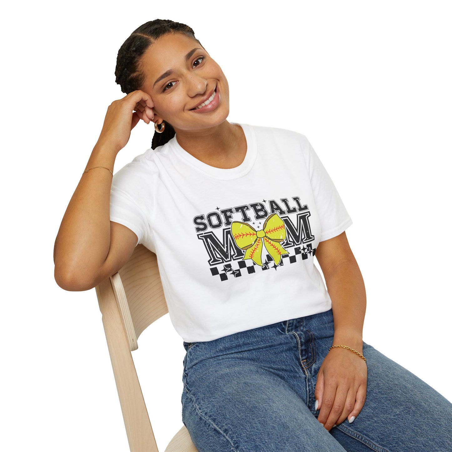 Softball Mom T-Shirt – Yellow Bow Checkerboard Design