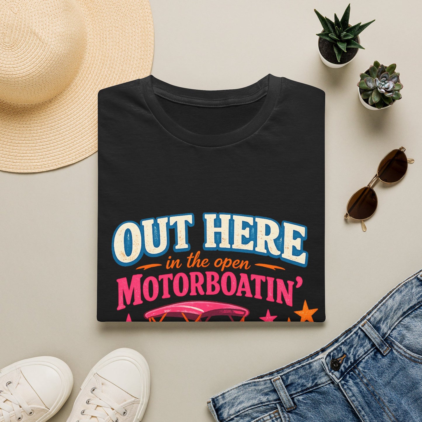 Motorboatin' T-Shirt — "Out Here in the Open" Retro Boat Graphic