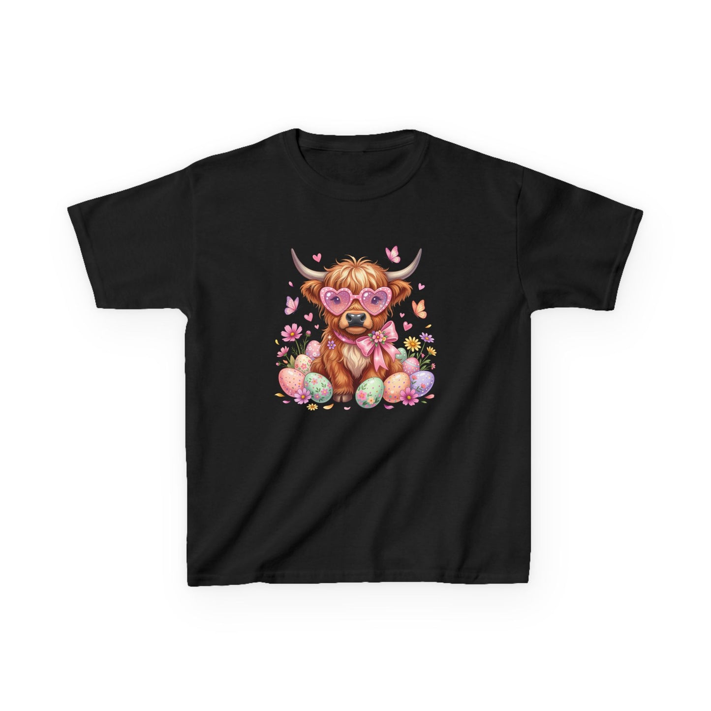 Kids Tee — Cute Highland Cow with Heart Glasses & Easter Eggs