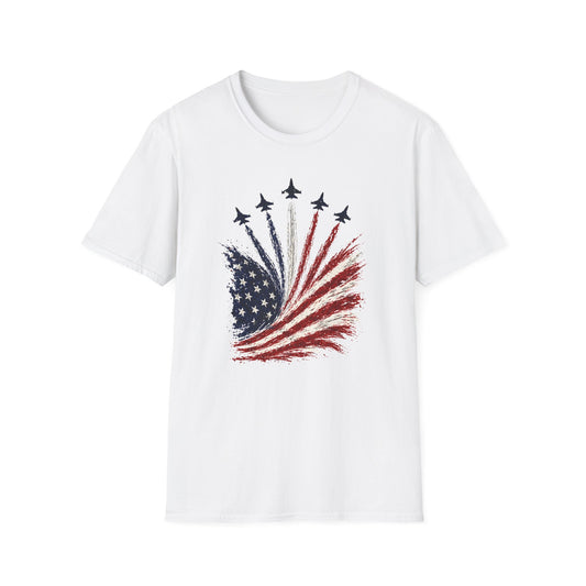 Patriotic Jet Flyover T-Shirt — American Flag Firework Plane Graphic Tee