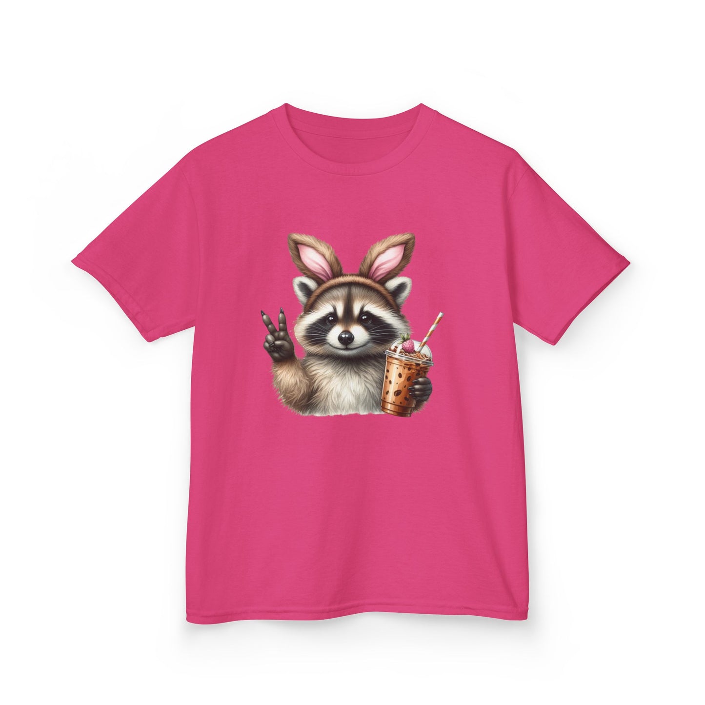 Kids Raccoon Bunny Ears Tee — Cute Peace Sign with Bubble Tea Graphic