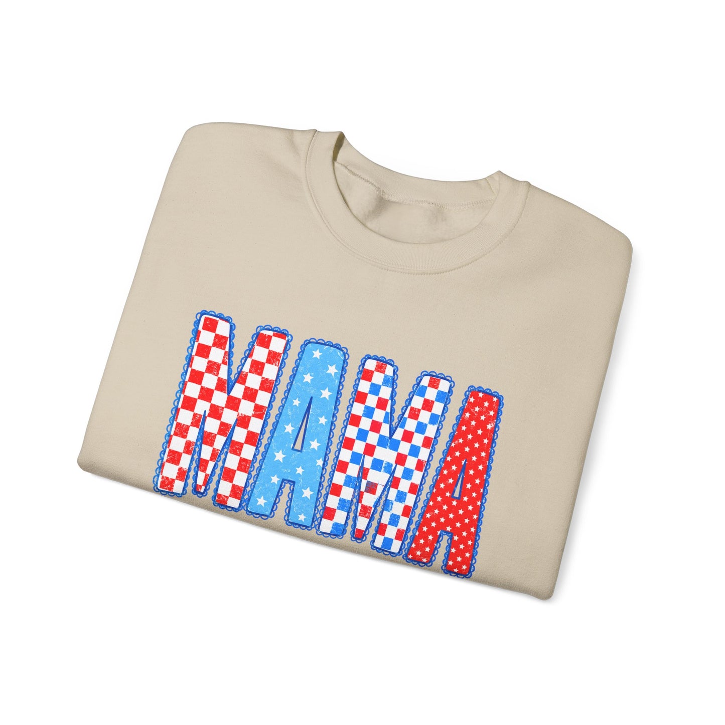Mama Crewneck Sweatshirt — Red, White & Blue Patchwork Graphic