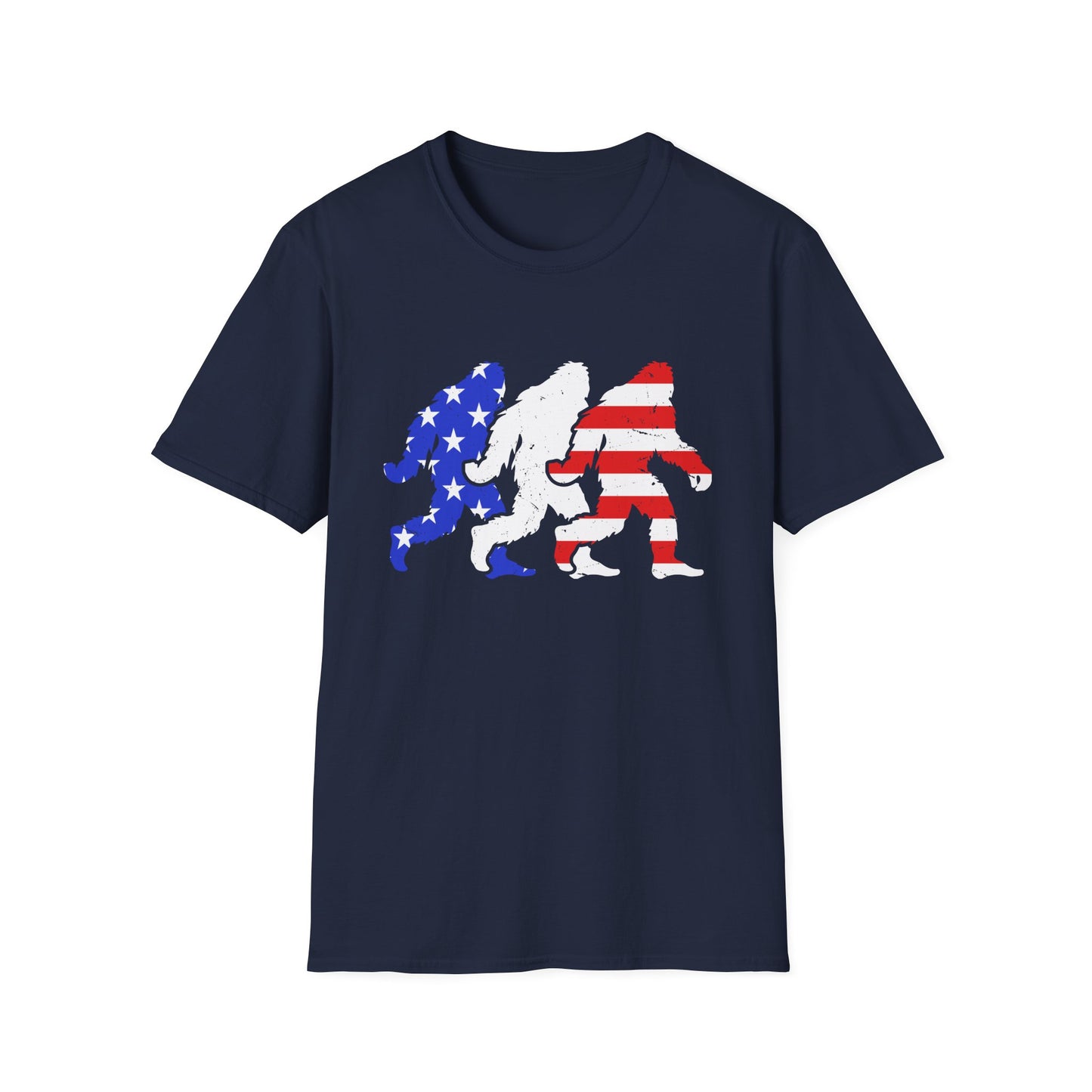 Patriotic Sasquatch Trio T-Shirt — American Flag Bigfoot Graphic Tee
