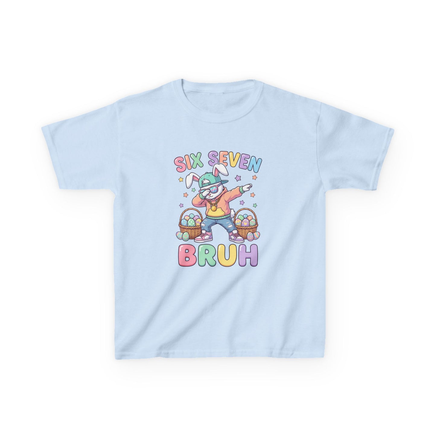 Kids "Six Seven Bruh" Graphic Tee — Cute Rainbow Skateboard Dino Shirt