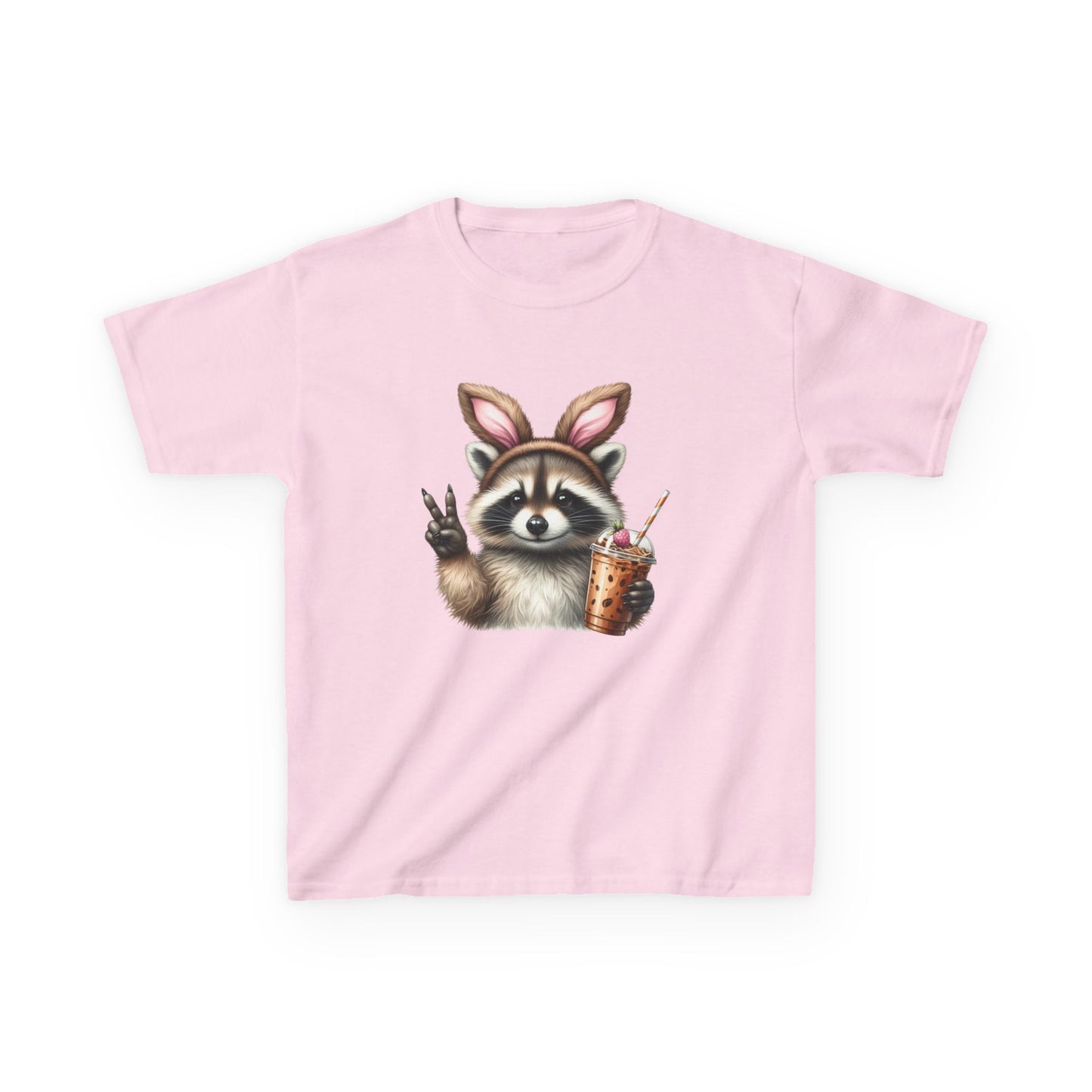 Kids Raccoon Bunny Ears Tee — Cute Peace Sign with Bubble Tea Graphic