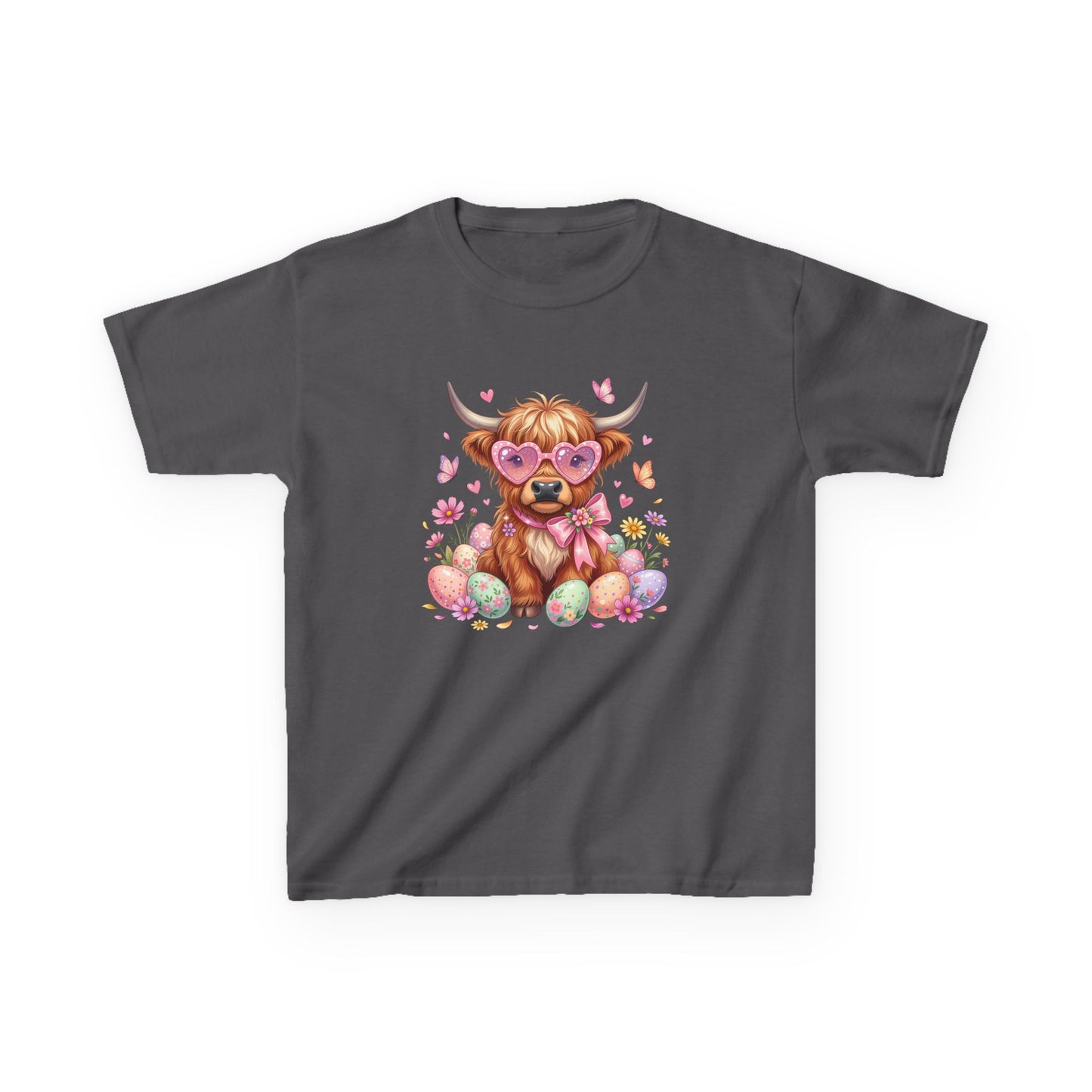 Kids Tee — Cute Highland Cow with Heart Glasses & Easter Eggs
