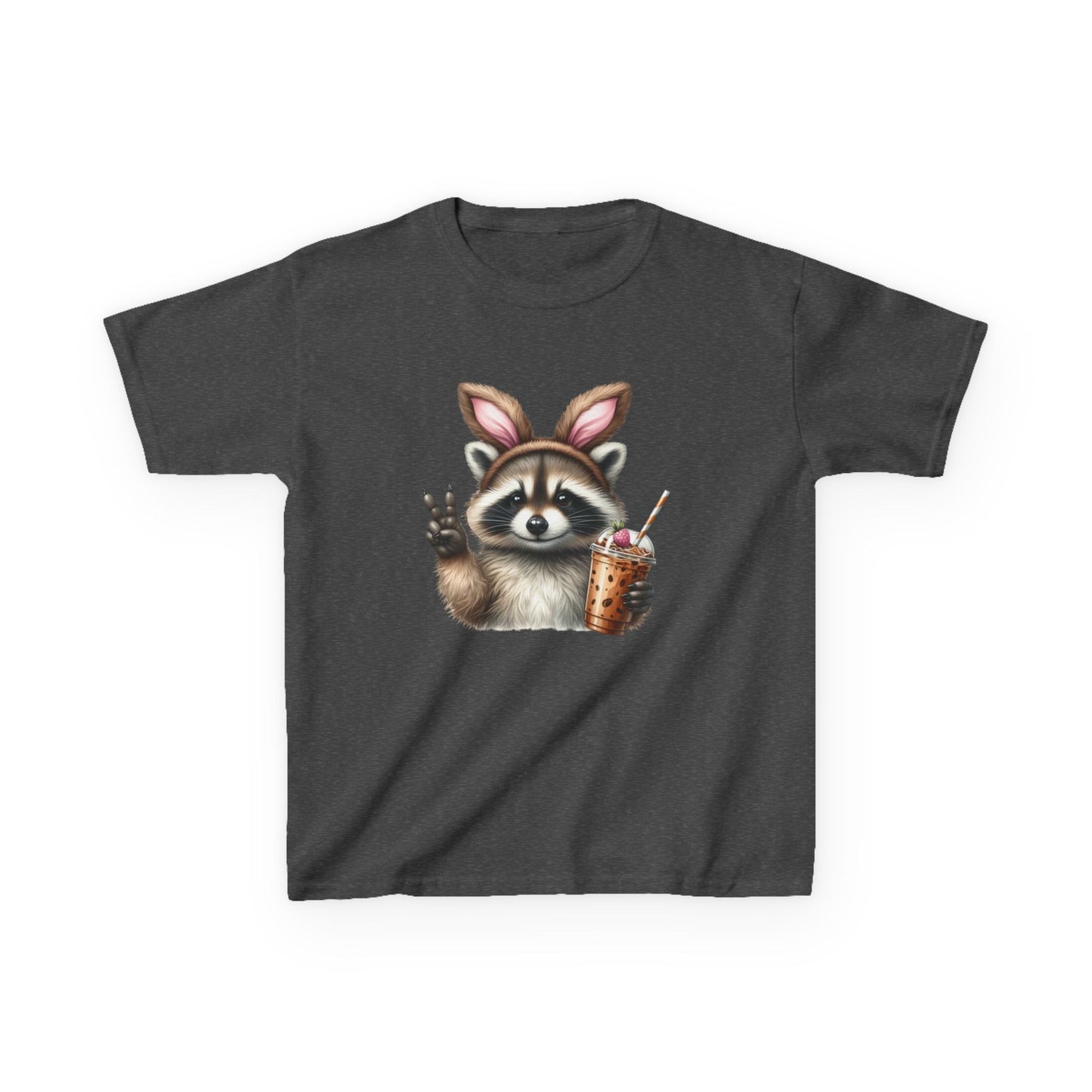Kids Raccoon Bunny Ears Tee — Cute Peace Sign with Bubble Tea Graphic