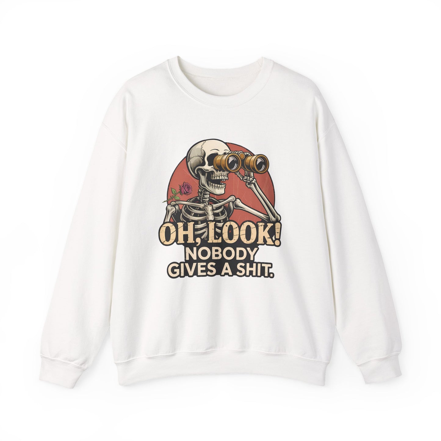 Crewneck Sweatshirt – 'Oh, Look! Nobody Gives a Shit.' Vintage Skeleton Graphic