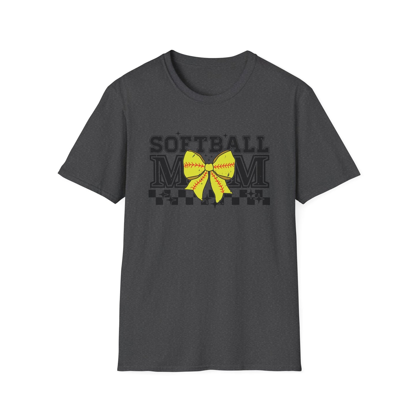 Softball Mom T-Shirt – Yellow Bow Checkerboard Design
