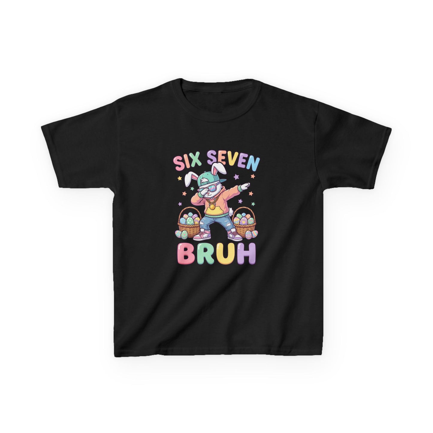 Kids "Six Seven Bruh" Graphic Tee — Cute Rainbow Skateboard Dino Shirt