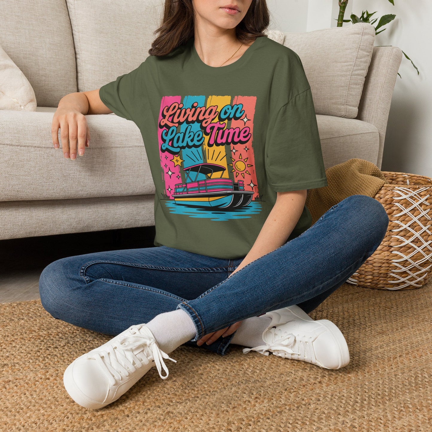 Lake Time T-Shirt — "Living on Lake Time" Retro Boat Graphic