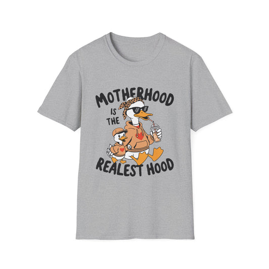 T-Shirt — "Motherhood Is The Realest Hood" Duck Mom Graphic Tee