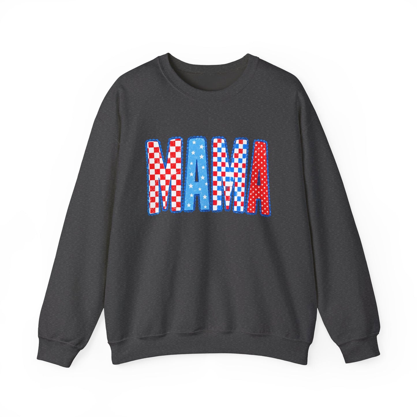 Mama Crewneck Sweatshirt — Red, White & Blue Patchwork Graphic