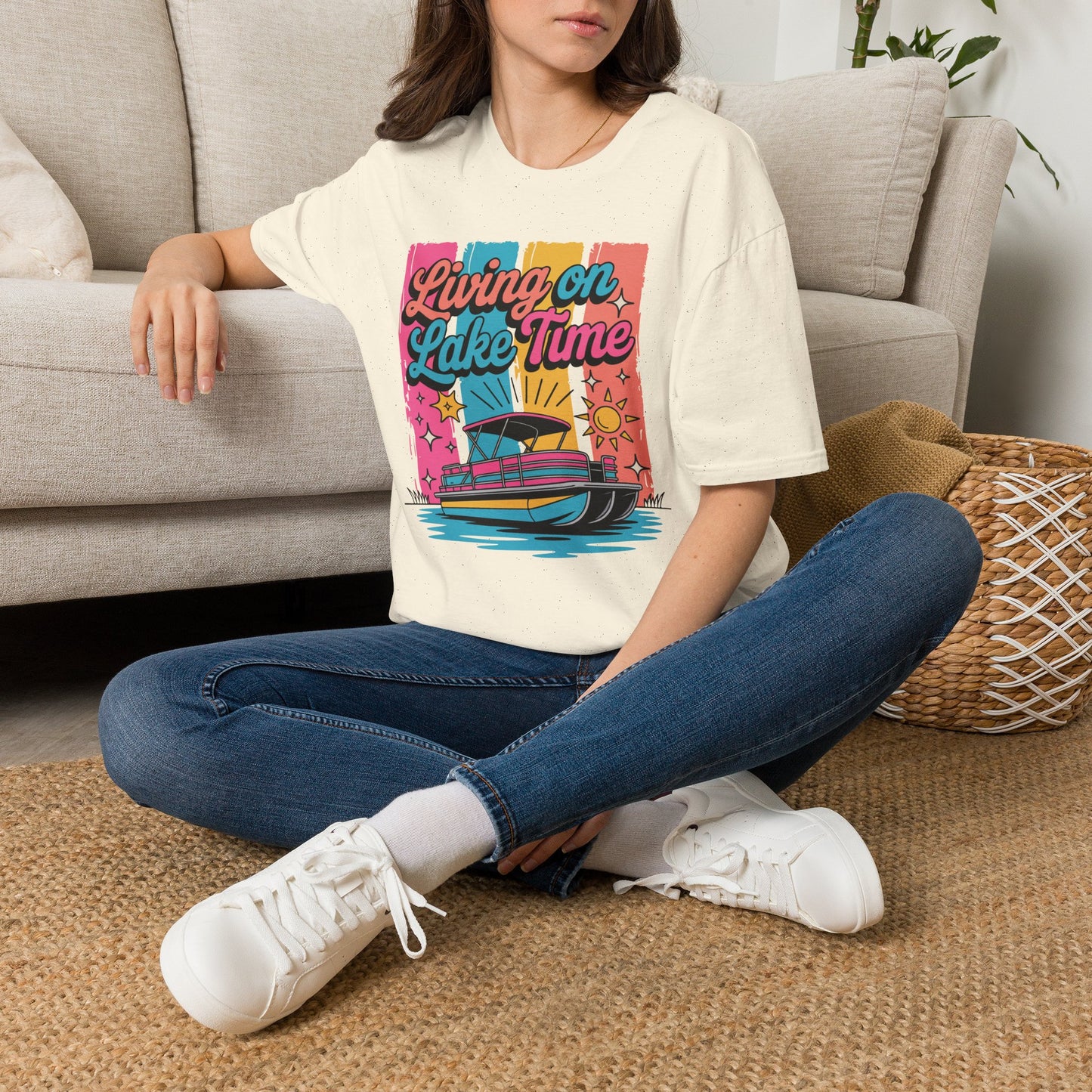 Lake Time T-Shirt — "Living on Lake Time" Retro Boat Graphic